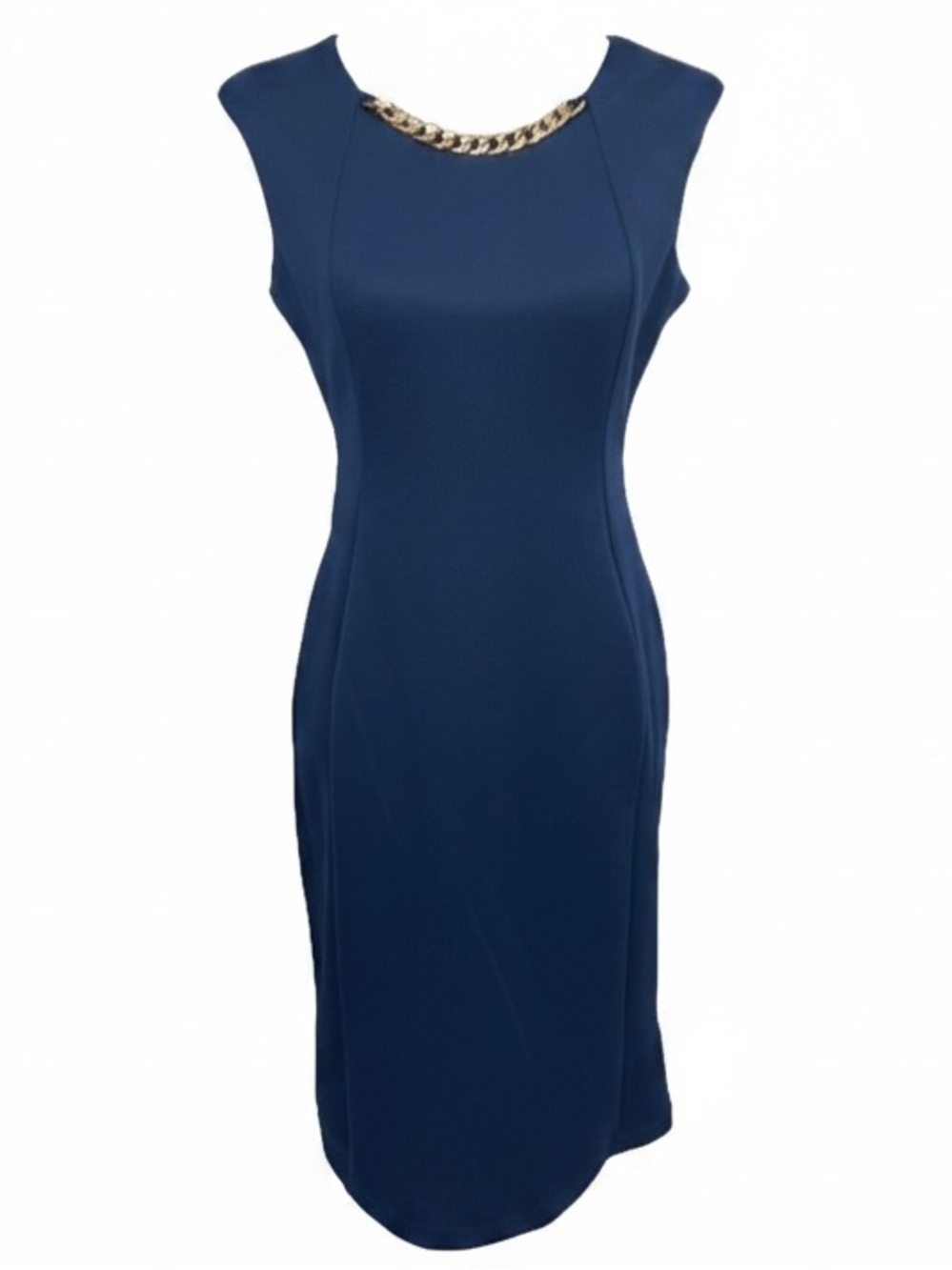 Shelby & Palmer Navy Blue Sheath Dress Gold Chain Neckline Stretch Size 8